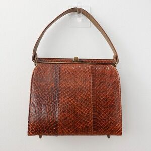 VINTAGE Python Bag Snakeskin Frame Box Purse Brown Exotic Leather Square 60s 70s